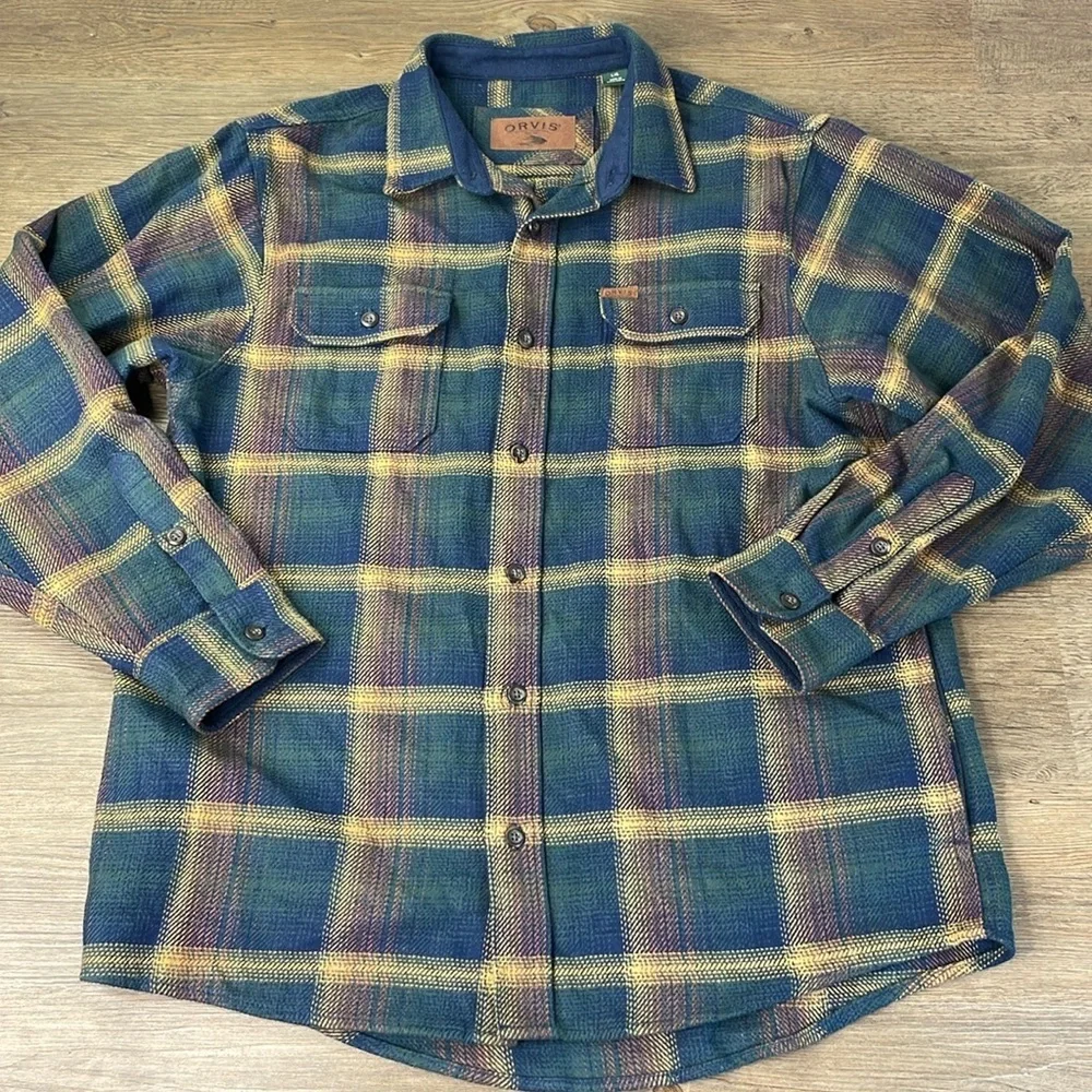 Orvis Men’s Flannel Twill Heavy Green Blue Brown Plaid Shirt Jacket w/Pockets, L